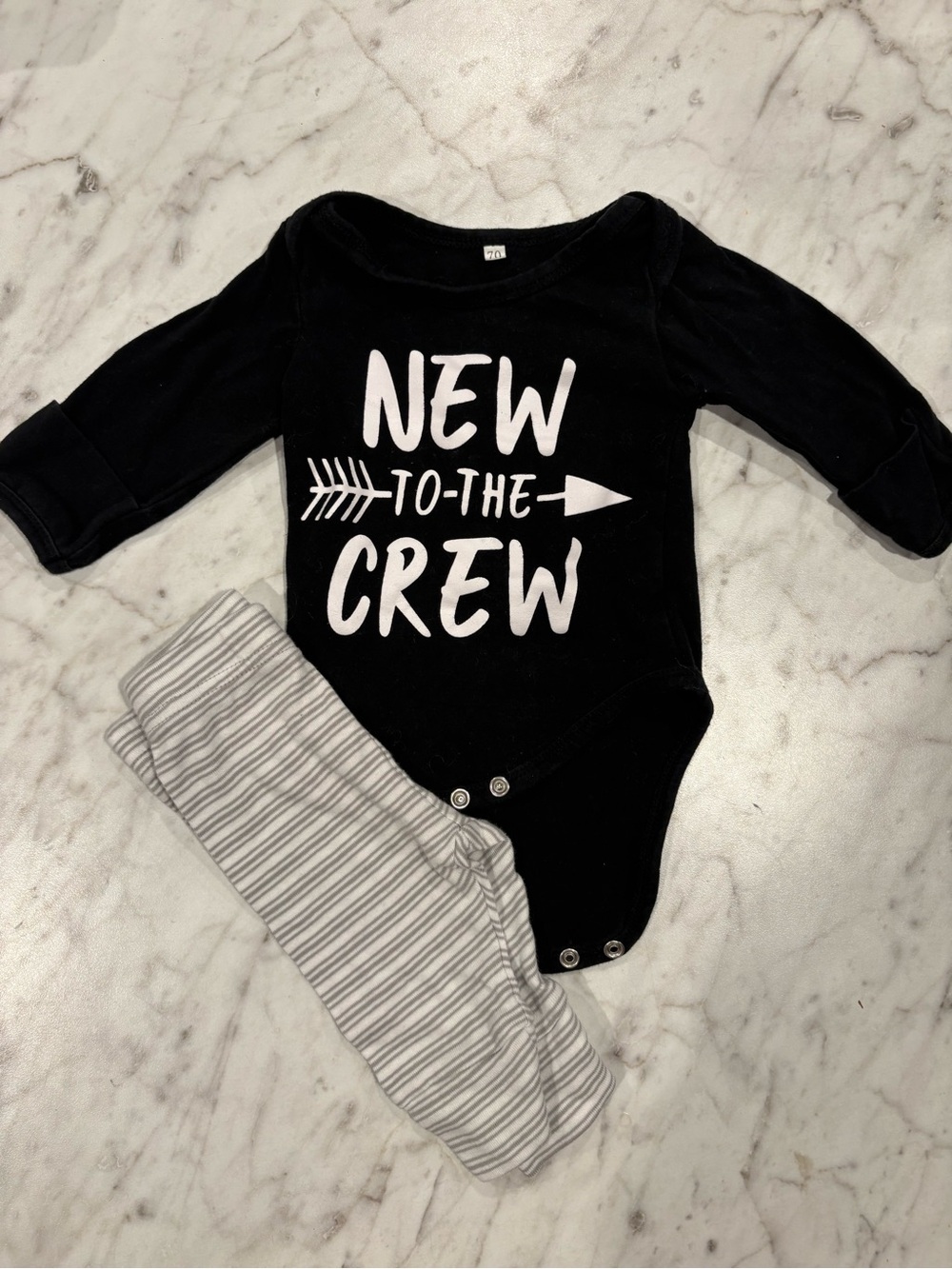 Black "New to the Crew" Long-Sleeve Baby One-Piece and Carter’s Striped Pants 3m